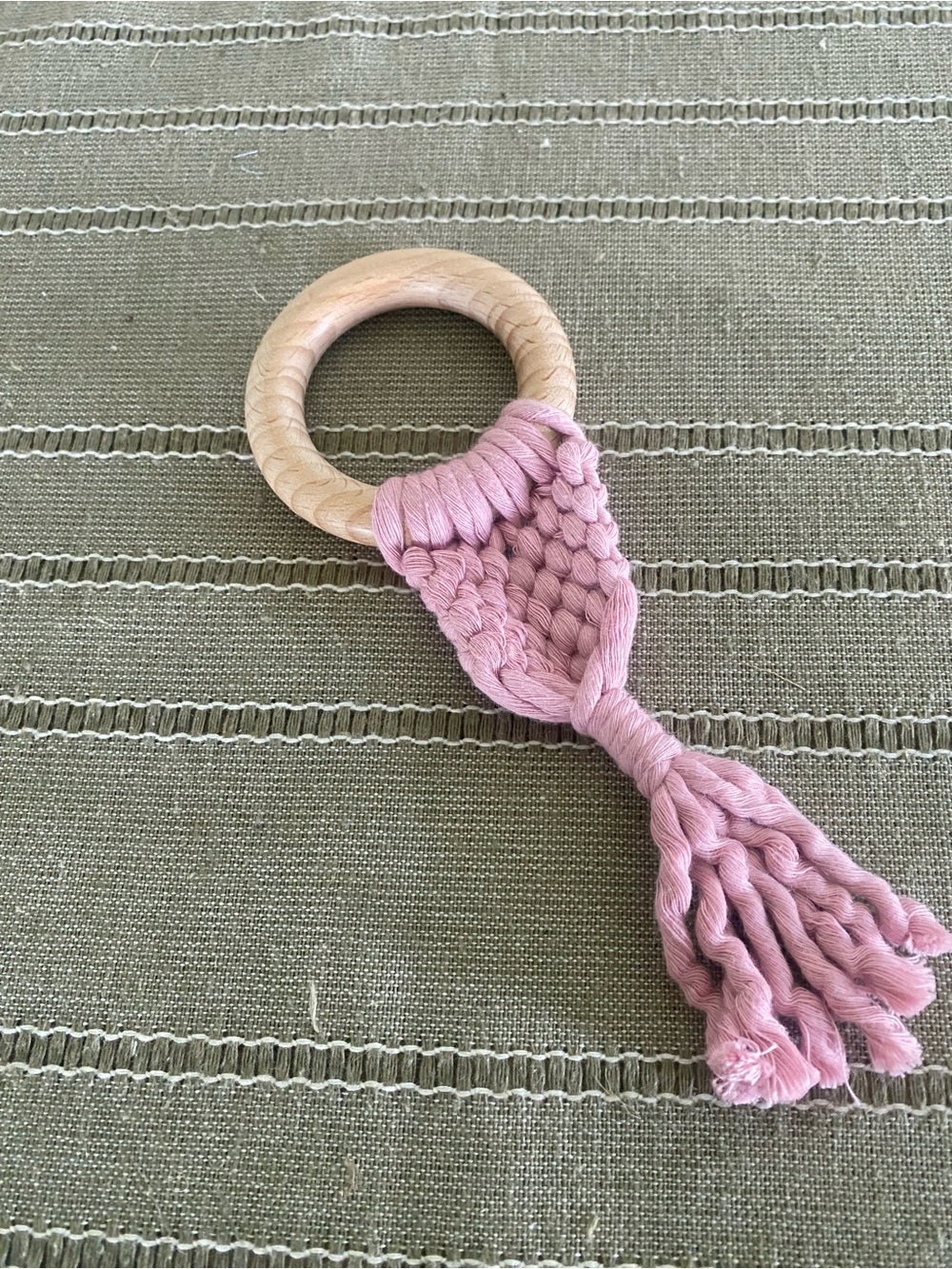Pink Crochet Baby Teether Sensory Toy, Montessori Wooden Toy Baby Shower Gift